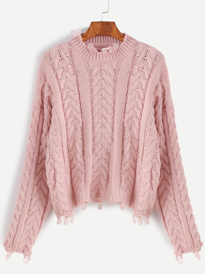 Shein Pink Drop Shoulder Cable Knit Frayed Sweater