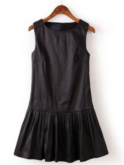 Shein Black Round Neck Sleeveless Pleated Dress