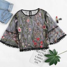 Shein Botanical Embroidered Flounce Sleeve Mesh Tee