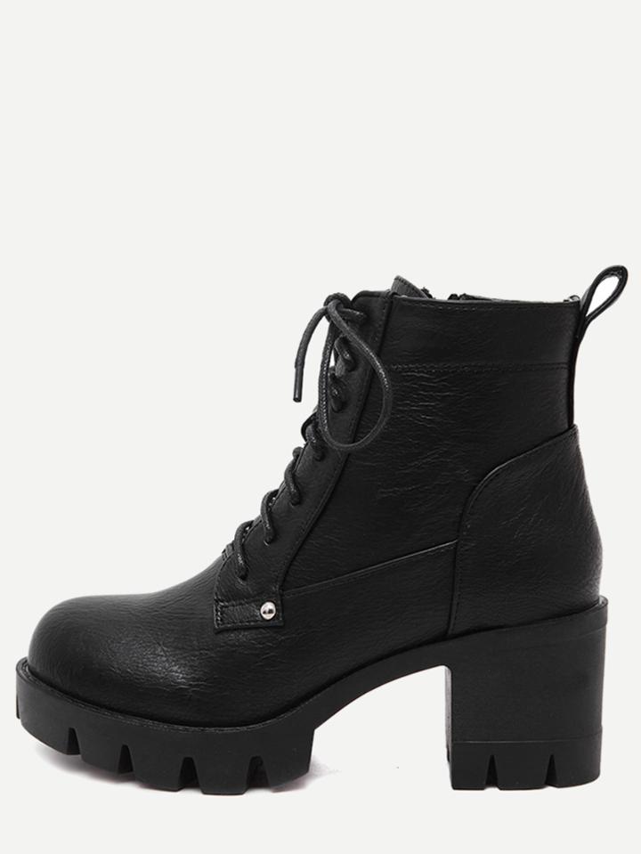 Shein Black Faux Leather Lace Up Chunky Boots