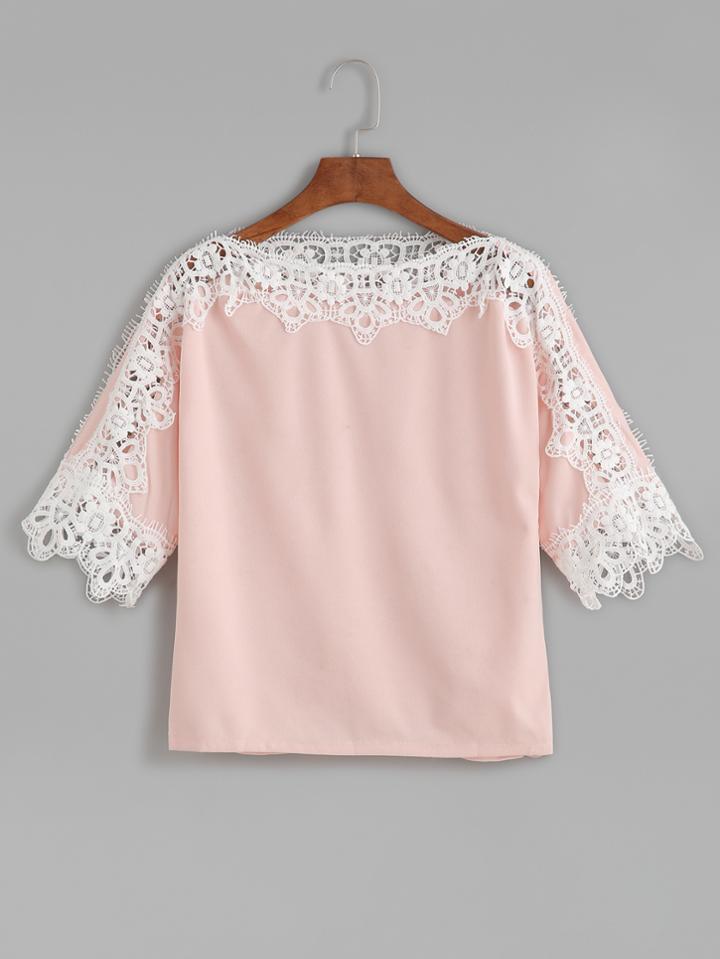 Shein Pink Contrast Crochet Trim Hollow Out T-shirt