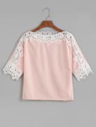 Shein Pink Contrast Crochet Trim Hollow Out T-shirt