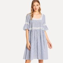 Shein Flounce Sleeve Lace Insert Striped Smock Dress