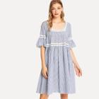 Shein Flounce Sleeve Lace Insert Striped Smock Dress