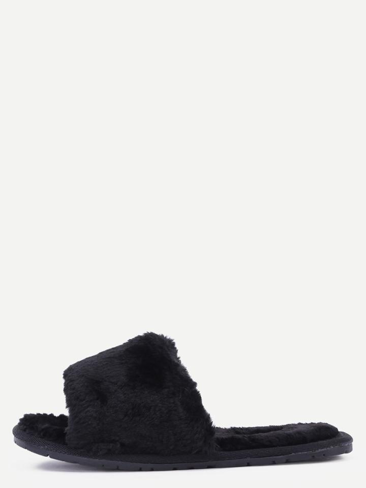 Shein Black Faux Fur Flat Slippers