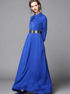 Shein Blue Lapel Long Sleeve Drawstring Dress
