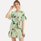 Shein Floral Print Ruffle Hem Belted Dress