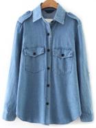 Shein Blue Single Breasted Denim Blouse With Pockets
