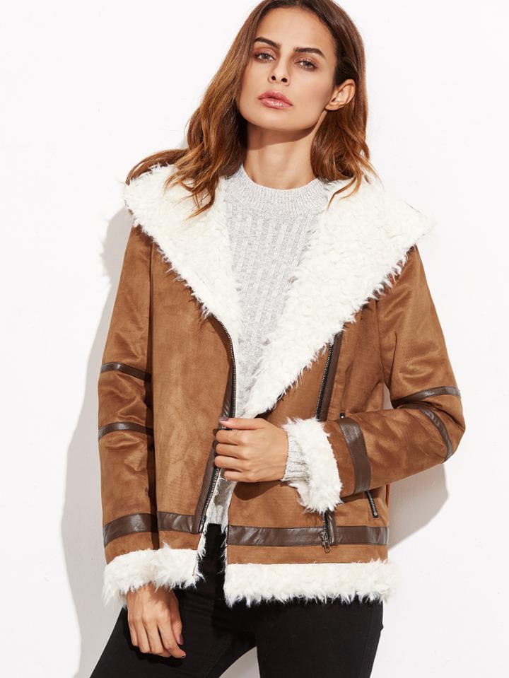 Shein Contrast Panel Faux Shearling Asymmetric Zip Jacket