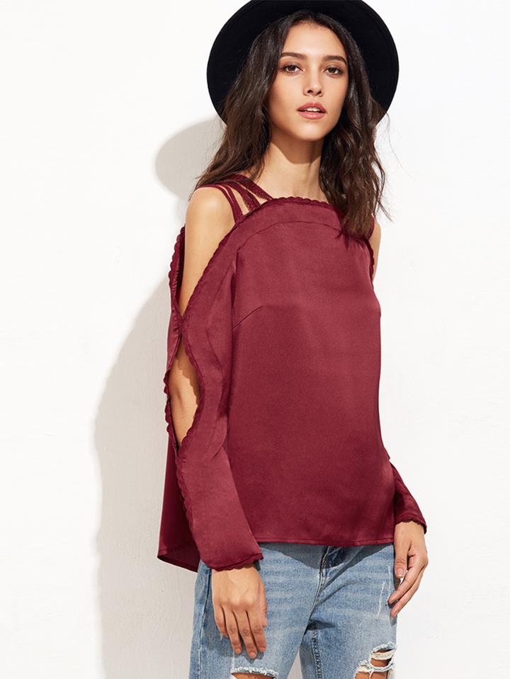 Shein Burgundy Lace Trim Strappy Cold Shoulder Satin Top