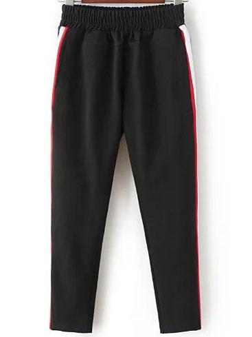 Shein Black Elastic Waist Striped Side Pants