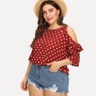 Shein Plus Ruffle Trim Open Shoulder Dot Blouse