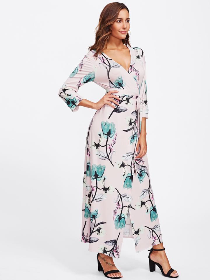 Shein Deep V Neckline Tie Waist Flower Print  Dress
