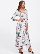Shein Deep V Neckline Tie Waist Flower Print  Dress
