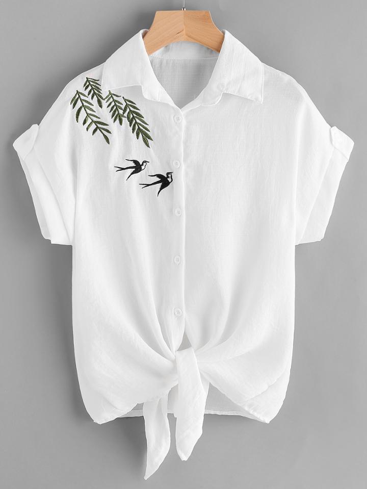 Shein Embroidered Tie Hem Shirt