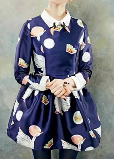 Rosewe Crowned Crane Print Turndown Collar Skater Dress