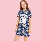 Shein Girls Letter And Floral Print Hooded Dress
