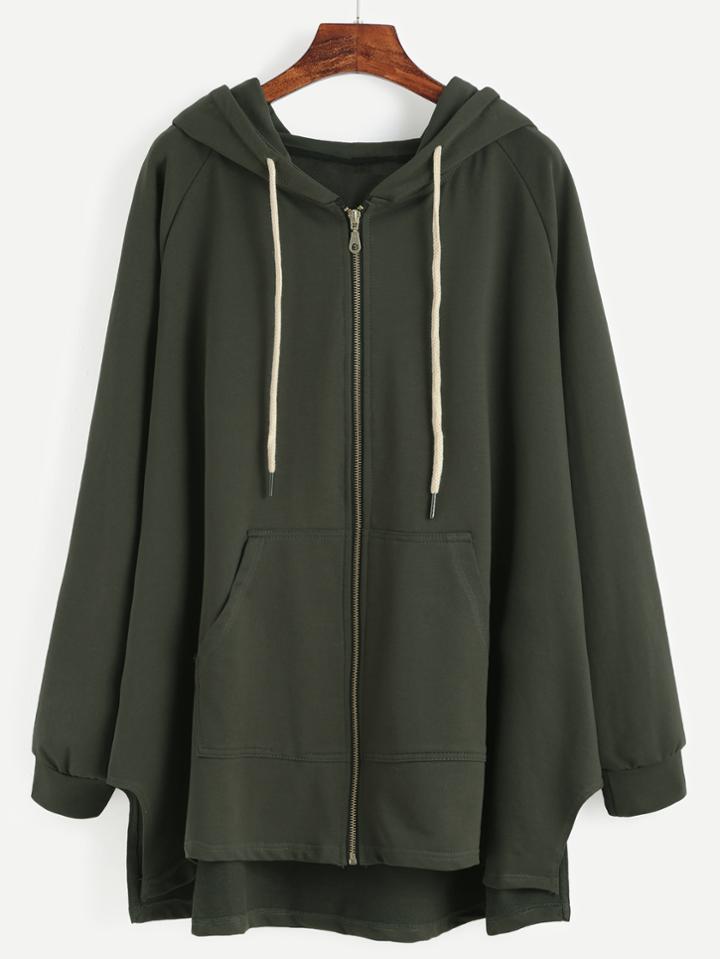Shein Dark Green Raglan Sleeve Drawstring Hooded Zipper Sweatshirt
