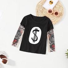 Shein Toddler Boys Contrast Sleeve Dollar Pattern Tee
