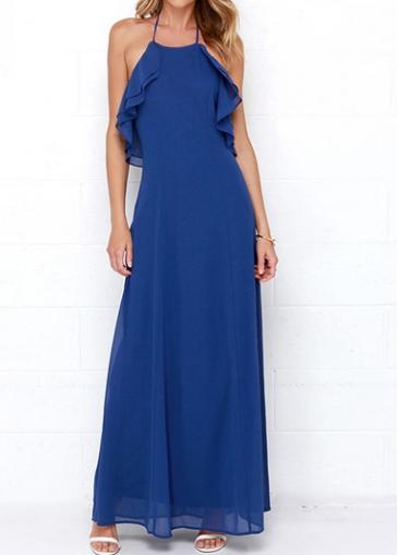 Rosewe Royal Blue Flouncing Hem Halter Dress
