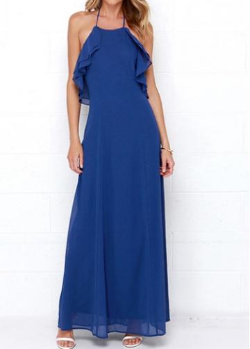 Rosewe Royal Blue Flouncing Hem Halter Dress