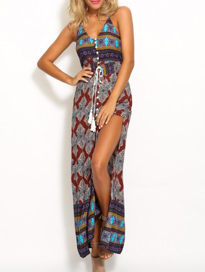 Shein Multicolor Print V Neck Split Side Maxi Dress