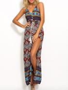 Shein Multicolor Print V Neck Split Side Maxi Dress