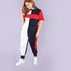 Shein Plus Color Block Cut And Sew Crop Top & Sweatpants Set