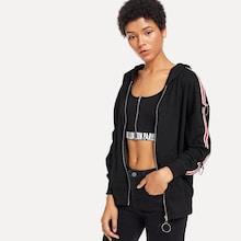 Shein Tape Detail Zip Hooded Coat