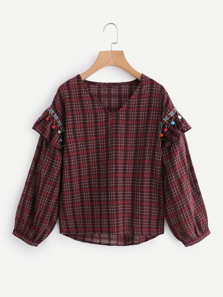 Shein Pom Pom Fringe Trim Frilled Sleeve Check Top