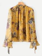 Shein Shirred Neck Calico Chiffon Blouse