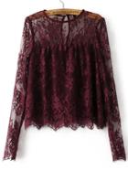 Shein Wine Red Keyhole Back Long Sleeve Lace Blouse