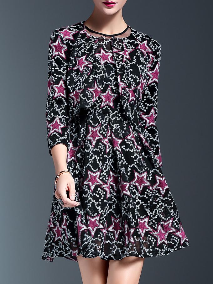 Shein Red Stars Embroidered Mesh Two-pieces Dress