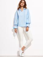 Shein Blue Pointed Collar Drawstring Bell Cuff Blouse