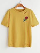 Shein Rose Embroidered Slashed T-shirt