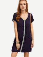 Shein Navy V Neck Pom-pom Taped Trim Short Sleeve Dress