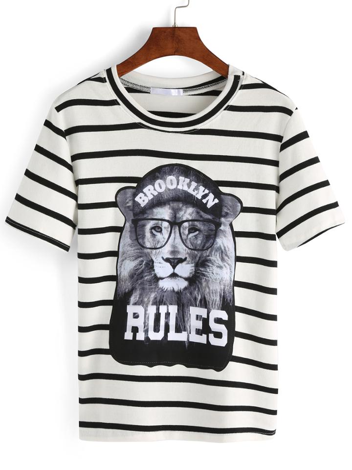 Shein White Striped Lion Print T-shirt
