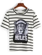 Shein White Striped Lion Print T-shirt