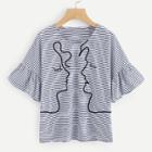 Shein Figure Embroidered Slit Side Striped Tee