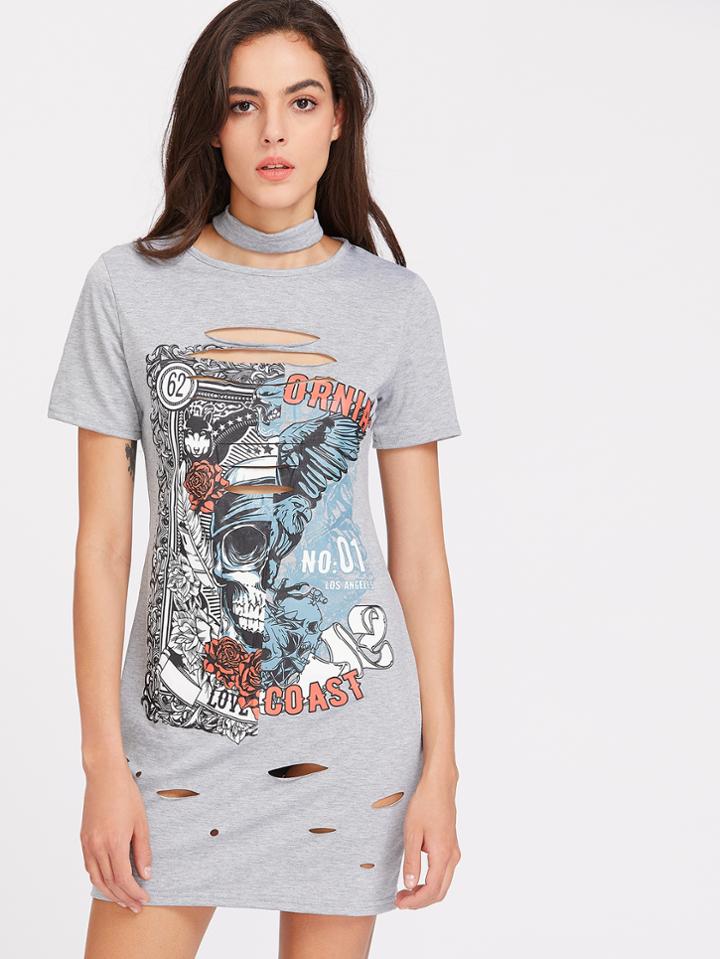 Shein Skull Print Cutout Choker Neck Tee Dress