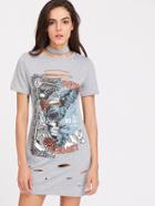 Shein Skull Print Cutout Choker Neck Tee Dress