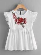 Shein Embroidered Applique Frill Trim Keyhole Back Smock Top