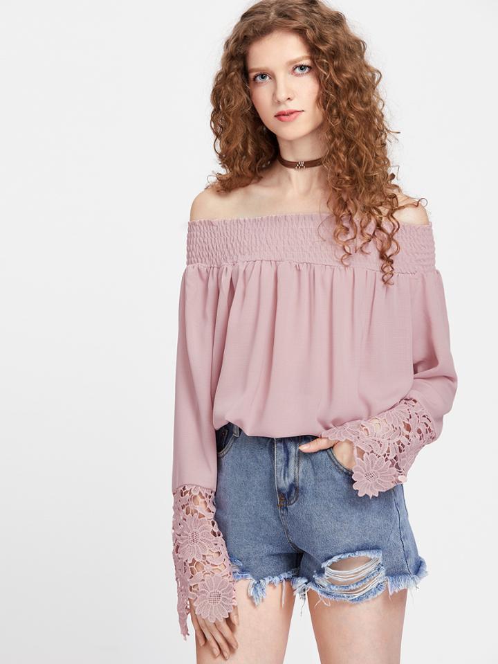 Shein Bardot Crochet Lace Cuff Top