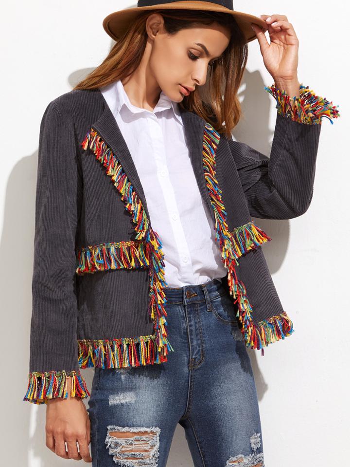 Shein Grey Collarless Corduroy Blazer With Fringe Detail