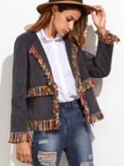 Shein Grey Collarless Corduroy Blazer With Fringe Detail