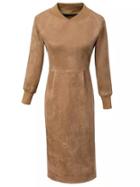 Shein Khaki Stand Collar Slim Split Suede Dress