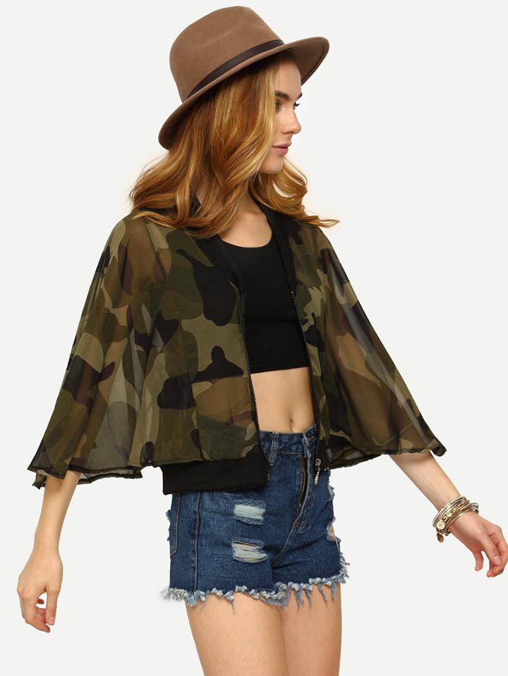 Shein Dolman Sleeve Camouflage Chiffon Jacket - Olive Green