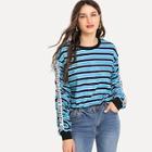 Shein Letter Tape Side Ruched Sleeve Striped Tee