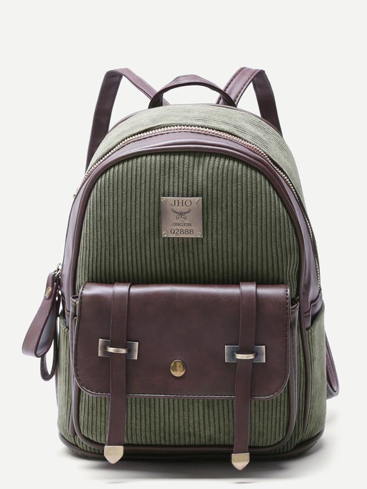 Shein Olive Green Corduroy And Pu Pocket Front Mini Backpack