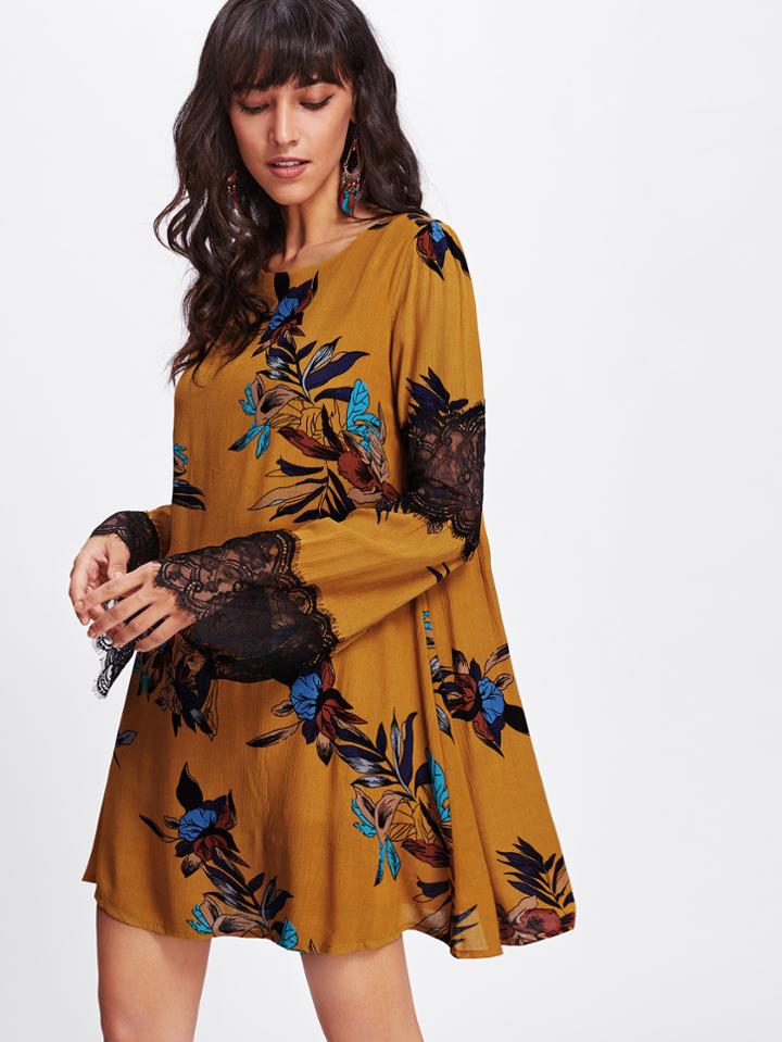 Shein Contrast Scallop Eyelash Lace Dress